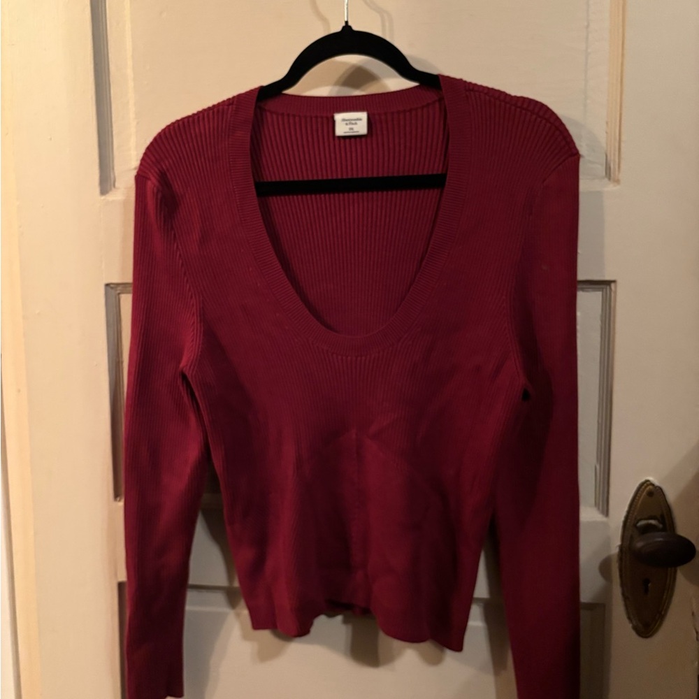 Abercrombie & Fitch Ribbed Deep Red V-Neck Sweater